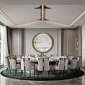 Elegant Private Dining Room Interior With Round Dining Table Chairs Landscape Painting And Green Carpet