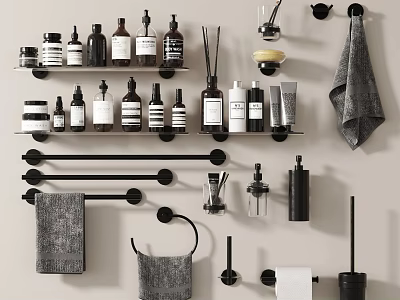 Modern Bathroom Decorative Ornament Set with Shelves Bottles Towel Racks Towels and Toiletries Storage 3d model