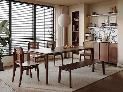 Modern Dining Room Interior Design With Wooden Table Chairs Bench Windows Blinds Round Pendant Light 3d model