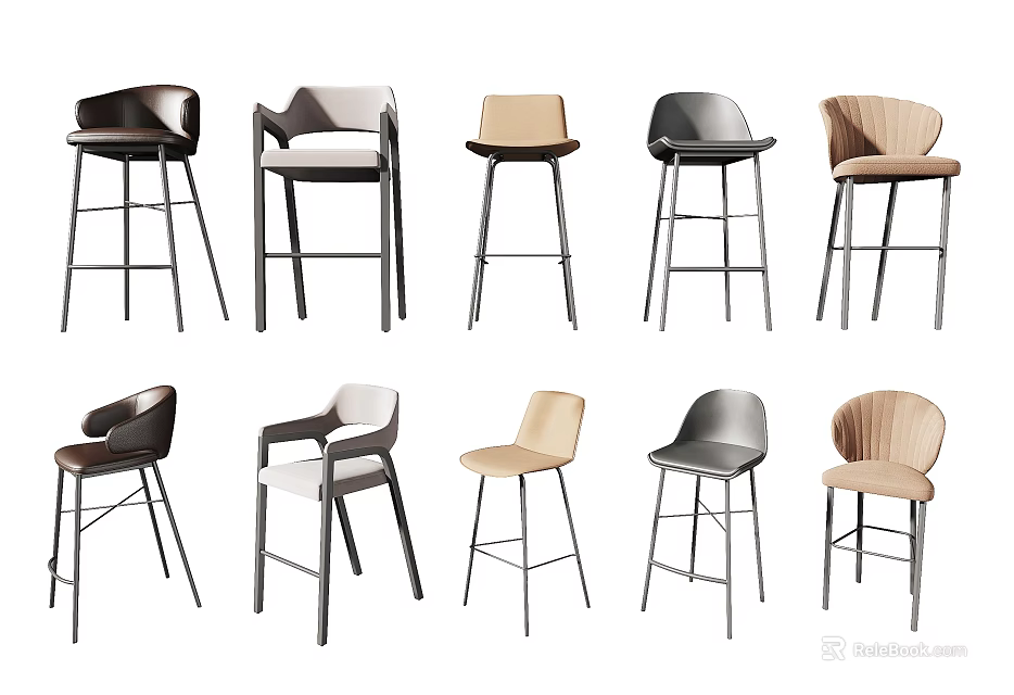 Diverse Modern Bar Stools With Metal Frames And Various Upholstered Seats 3d model