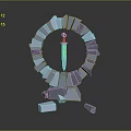Gray Block Ring Structure With Central Sword Red Hilt And Yellow Star Decorations