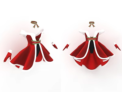 Red Christmas Themed Dress With White Trim Green Belt And Matching Gloves 3d model