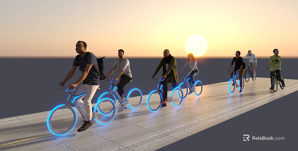 Group of People Riding Bicycles with Blue Glowing Wheels at Sunset 3d model 