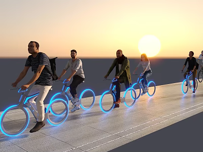 Group of People Riding Bicycles with Blue Glowing Wheels at Sunset 3d model