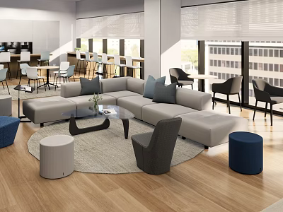 Modern Lounge Area Interior Design With Gray L-shaped Sofa Round Rug And Wooden Floor 3d model