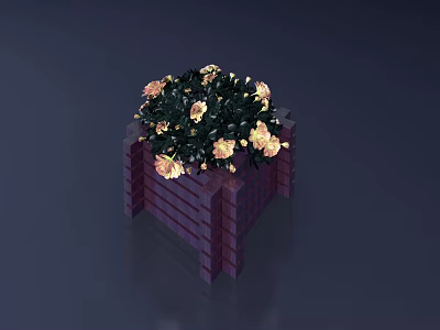 Decorative Garden Ornament Featuring Brick Planter With Yellow Flowers And Green Leaves 3d model
