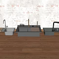 Modern Kitchen Sinks on Wooden Floor with Textured Wall Background Black Faucets and Fresh Fruits