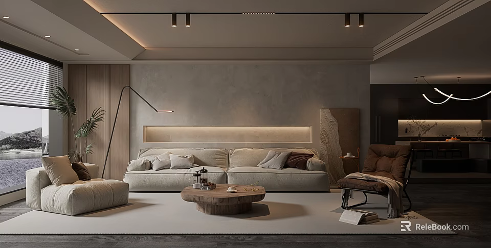 Modern Living Dining Room Interior With Gray Wall Beige Sofa Wooden Coffee Table And Floor Lamp 3d model 