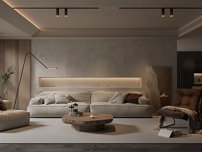 Modern Living Dining Room Interior With Gray Wall Beige Sofa Wooden Coffee Table And Floor Lamp 3d model