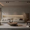 Modern Living Dining Room Interior With Gray Wall Beige Sofa Wooden Coffee Table And Floor Lamp