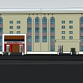 Multi Story Building With Beige Exterior Blue Glass Curtain Wall And Arched Windows