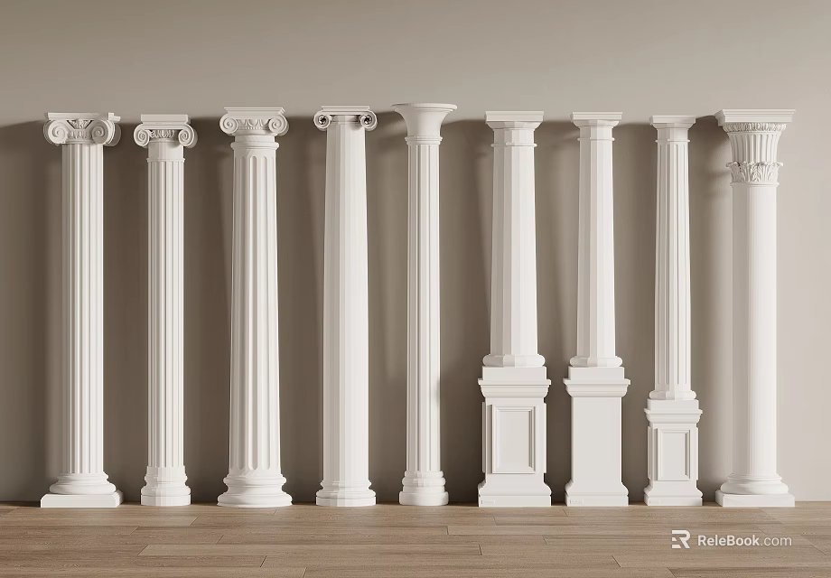 Elegant White Classical Roman Columns With Various Designs For Interior Decoration 3d model 
