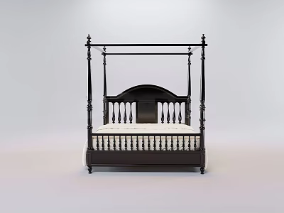 Classic Four Poster Double Bed With Dark Wooden Frame And White Mattress 3d model