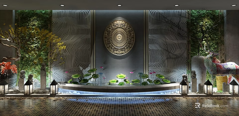 Hotel Corridor With Textured Wall Circular Carved Relief Lotus Water Feature And Green Plants 3d model 