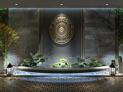 Hotel Corridor With Textured Wall Circular Carved Relief Lotus Water Feature And Green Plants 3d model