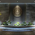Hotel Corridor With Textured Wall Circular Carved Relief Lotus Water Feature And Green Plants