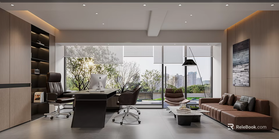 Modern Office Interior Design With Large Windows City View Office Chairs Sofa And Coffee Table 3d model 
