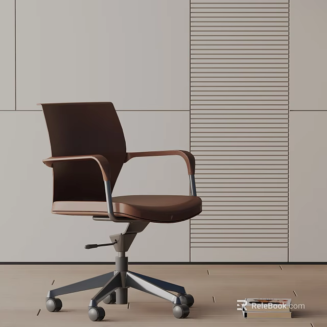 Brown Leather Office Chair With Wooden Armrests And Swivel Base In Modern Setting 3d model 