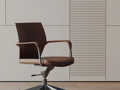 Brown Leather Office Chair With Wooden Armrests And Swivel Base In Modern Setting 3d model