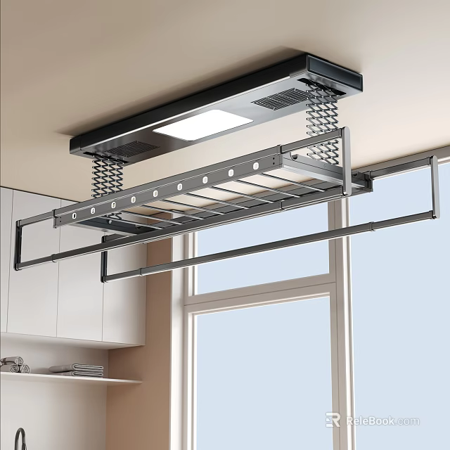 Smart Clothes Drying Rack Ceiling Mounted With Light In Modern Kitchen Near Window And Cabinets 3d model 