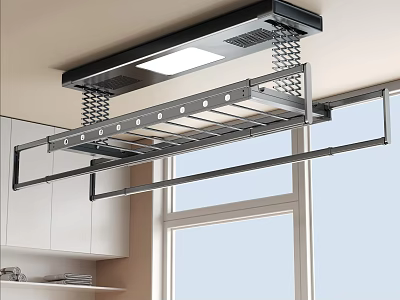 Smart Clothes Drying Rack Ceiling Mounted With Light In Modern Kitchen Near Window And Cabinets 3d model