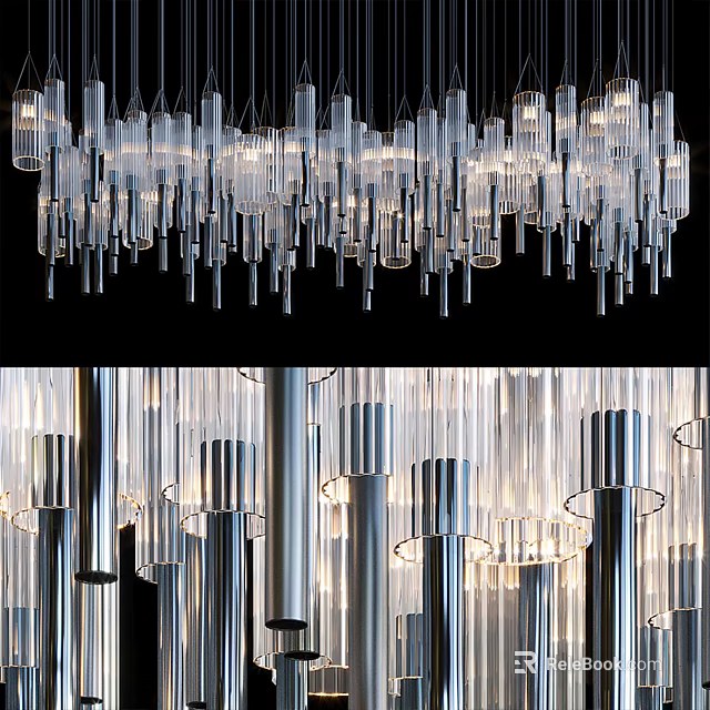 Modern Chandelier Design With Transparent Glass Pendants And Illuminated Metal Structure 3d model 