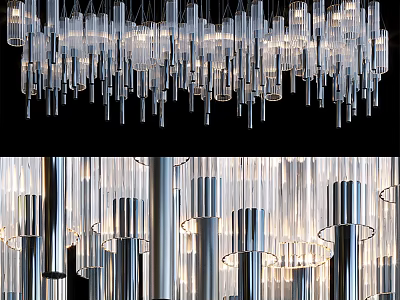 Modern Chandelier Design With Transparent Glass Pendants And Illuminated Metal Structure 3d model