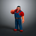 The Man in Red Shirt and Blue Overalls Holding Wrench Standing Against Gray Background