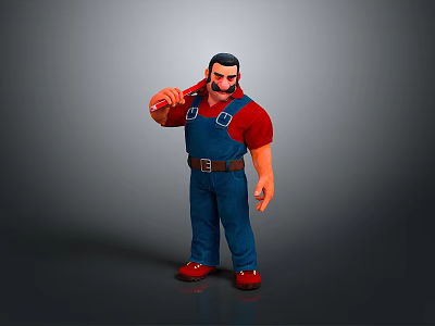 The Man in Red Shirt and Blue Overalls Holding Wrench Standing Against Gray Background 3d model