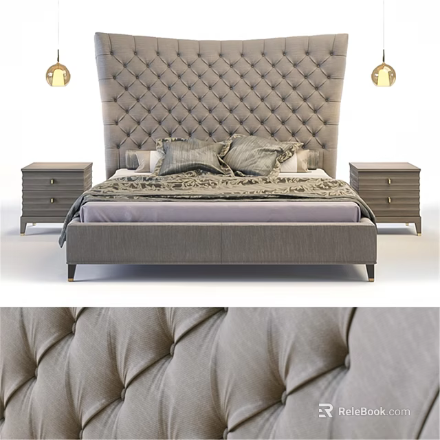 Luxurious Grey Double Bed With Tufted Headboard Bedside Tables Pillows And Gold Pendant Lights 3d model 