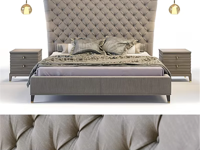 Luxurious Grey Double Bed With Tufted Headboard Bedside Tables Pillows And Gold Pendant Lights 3d model