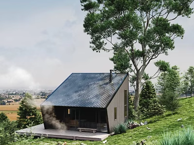 Detached Villa With Dark Metal Roof Surrounded By Lush Trees On Green Hillside 3d model