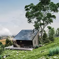 Detached Villa With Dark Metal Roof Surrounded By Lush Trees On Green Hillside