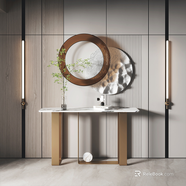 Modern Console Table Interior Design With Circular Mirror Green Plant Marble Countertop And Wall Lighting 3d model 