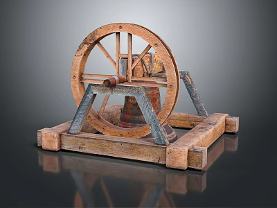 Vintage Decorative Ornament Set With Large Wheel Wooden Base And Metal Components 3d model