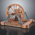 Vintage Decorative Ornament Set With Large Wheel Wooden Base And Metal Components
