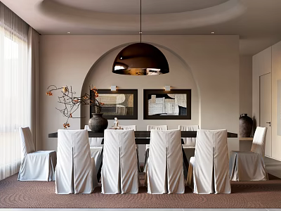 Modern Restaurant Interior With White Dining Table Gray Chairs And Round Pendant Light 3d model