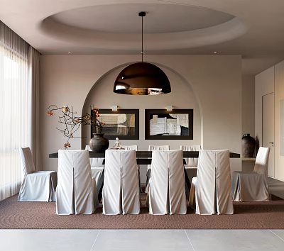 Modern Restaurant Interior With White Dining Table Gray Chairs And Round Pendant Light 3d model