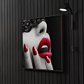 Portrait Painting Featuring Female Red Lips Hand with Red Nail Polish Black White Background