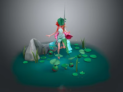 Game Movie Fantasy Character With Red Hair Green Dress On Water Lily Pads And Rock 3d model