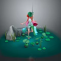 Game Movie Fantasy Character With Red Hair Green Dress On Water Lily Pads And Rock
