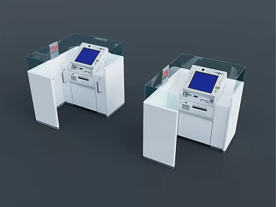 White Functional Desk With Transparent Protective Shield Blue Screen And Self Service Elements 3d model
