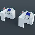 White Functional Desk With Transparent Protective Shield Blue Screen And Self Service Elements