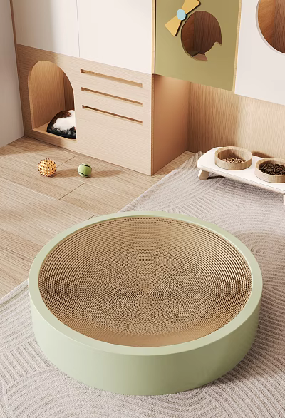 Round Woven Cat Scratching Pad With Green Border And Colorful Toy Balls For Indoor Pets 3d model