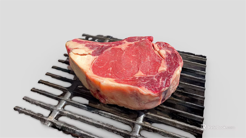 Fresh Ribeye Beef Steak On Black Grill With Juicy Red Meat And Fat 3d model 