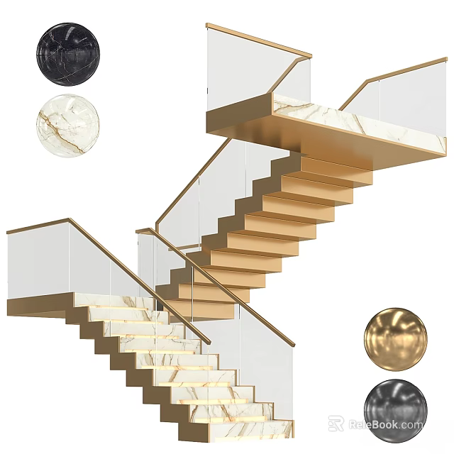 Modern Staircase Interior Design With Marble Steps Glass Railings And Metal Handrail 3d model 