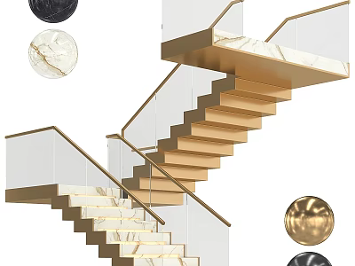 Modern Staircase Interior Design With Marble Steps Glass Railings And Metal Handrail 3d model
