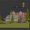 Cartoon Scene With Red House Green Roof Greenhouse Shed And Trees On Green Grass