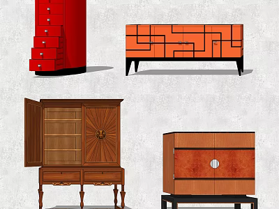 Entryway Side Cabinets With Various Designs Red Orange Wooden Brown Drawers Doors And Patterns 3d model