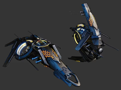 Futuristic Sci Fi Spaceships With Blue Yellow Accents Ring Lights And Mechanical Structure 3d model